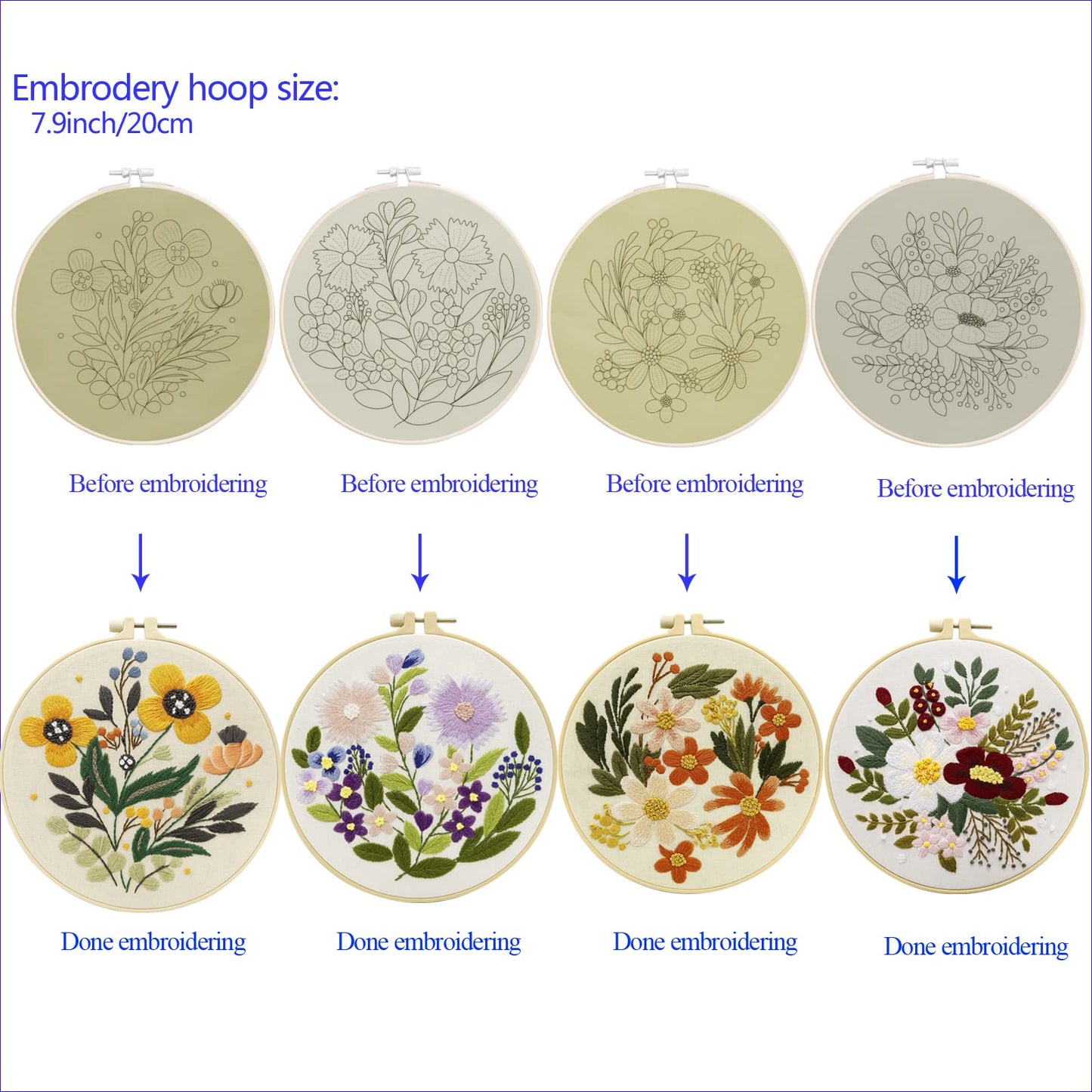 4 Sets Embroidery Kit for Beginners Art Craft Handy Sewing Include Embroidery Clothes with Pattern, Hoops, Instructions,Color Threads Needle Kit (Multi 1)