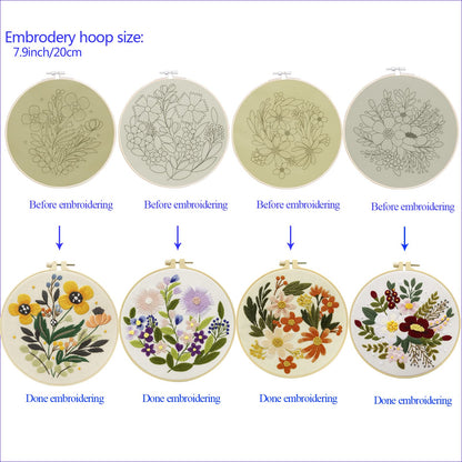 4 Sets Embroidery Kit for Beginners Art Craft Handy Sewing Include Embroidery Clothes with Pattern, Hoops, Instructions,Color Threads Needle Kit (Multi 1)