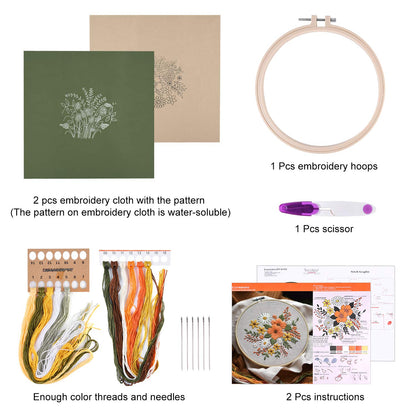 2 Sets Full Range Embroidery Starter Kit with Pattern and Instructions Cross Stitch Kit Includes 2 Pcs Embroidery Clothes with Floral Pattern, 1 Pcs Plastic Embroidery Hoops, 1 Pcs Scissor
