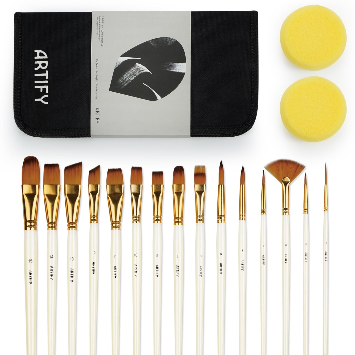 18 Piece Paint Brush Set, ARTIFY 15 Acrylic Paint Brushes, Palette Knife, and 2 Sponges, Professional Artist Paint Brushes for Acrylics, Watercolors, Gouache, Canvas, and Face Painting, Pearl White