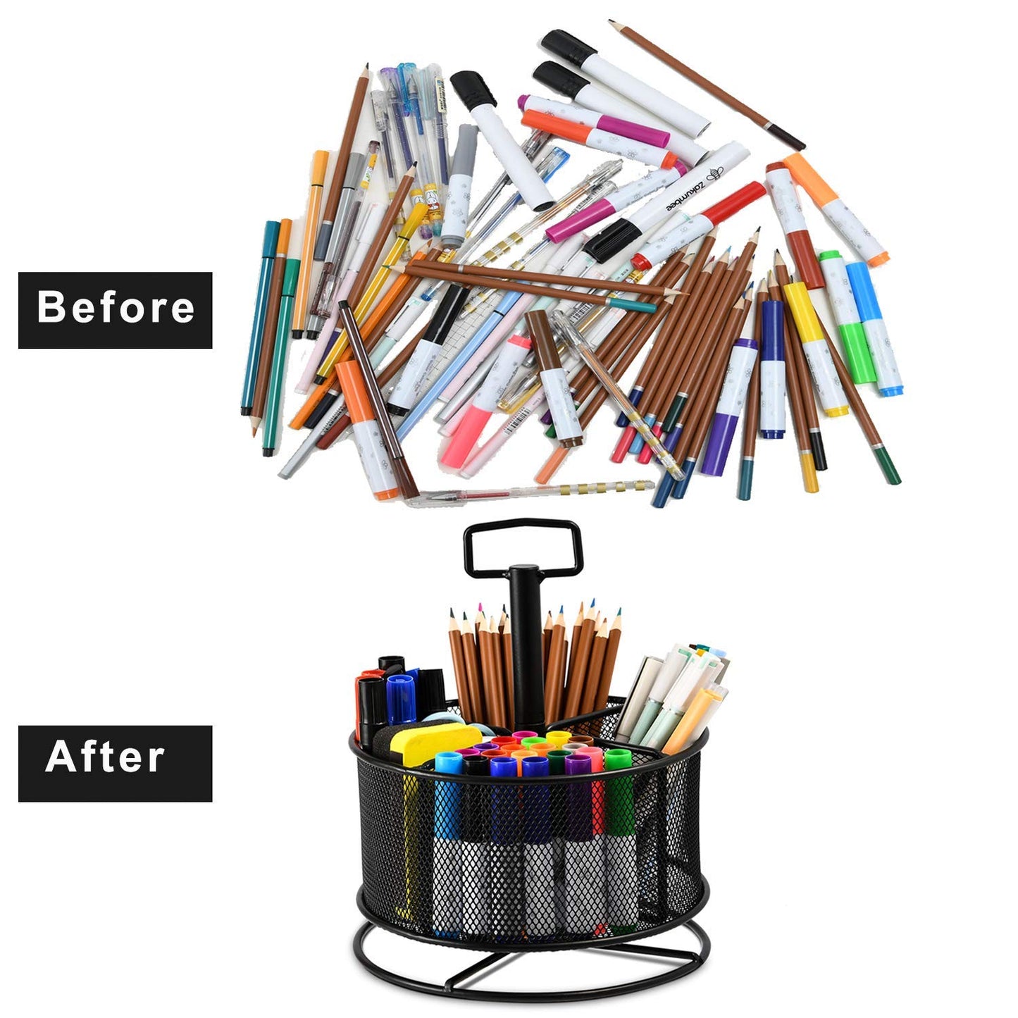 Mesh Desk Organizer, 360-Degree Rotating Multi-Functional Pen Holder, 4 Compartments Desktop Stationary Organizer, Home Office Art Supply Storage Box Caddy (Black)