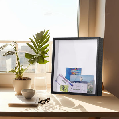 Travel Adventure Challenge Archive Shadow Box Picture Frame with Slot,8x8In Travel Ticket Card Memory Box for Keepsake Box, Top Loading Shadow Box Display Case Travel Decor Gift (Black,8x8)