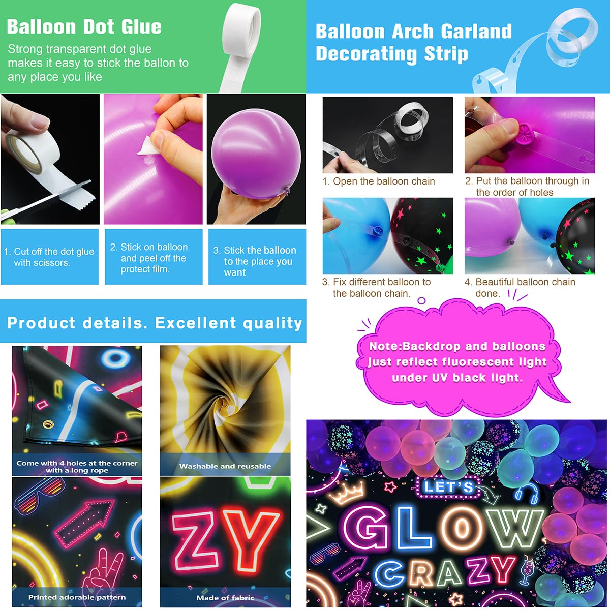 Neon Glow Party Decorations Glow in the Dark Party Supplies 60Pcs UV Blacklight Luminous Neon Balloons Arch Kit and Let's Glow Crazy Decorations Backdrop for Birthday Sleppover Decor