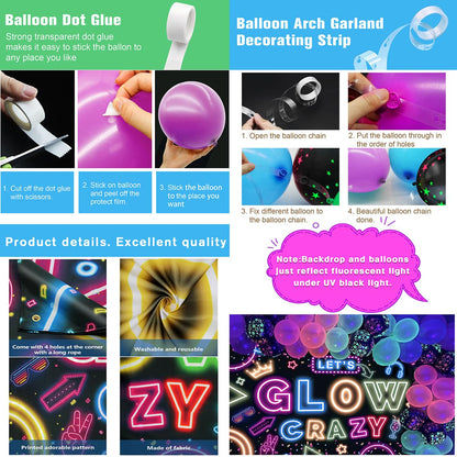 Neon Glow Party Decorations Glow in the Dark Party Supplies 60Pcs UV Blacklight Luminous Neon Balloons Arch Kit and Let's Glow Crazy Decorations Backdrop for Birthday Sleppover Decor