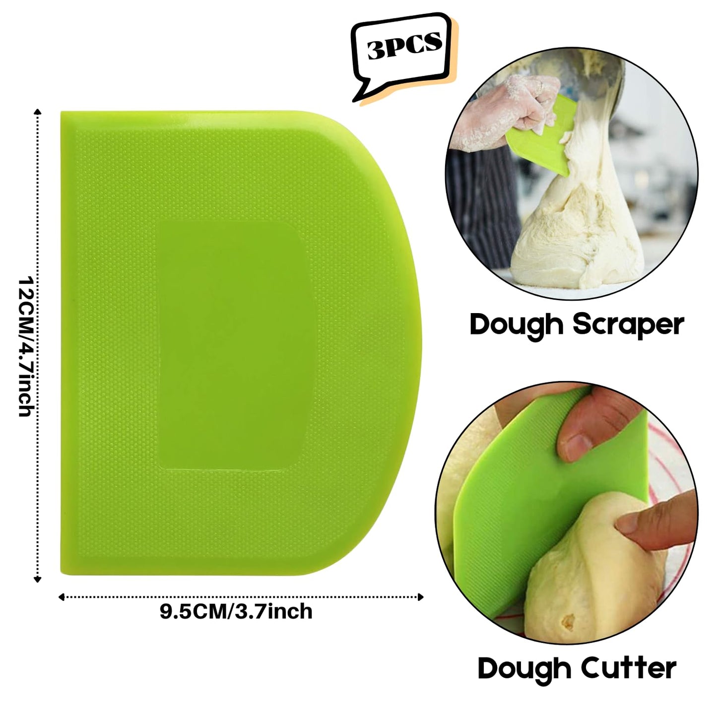 Dough Scraper Bench Scraper - 3P 4.7x3.7" Plastic Flexible Bowl Scraper, Sharp Edge & Angles Cake Scraper. Non-Slip Bakeware Decorating Tools Sculpting & Modeling Tools - Green+White+Green