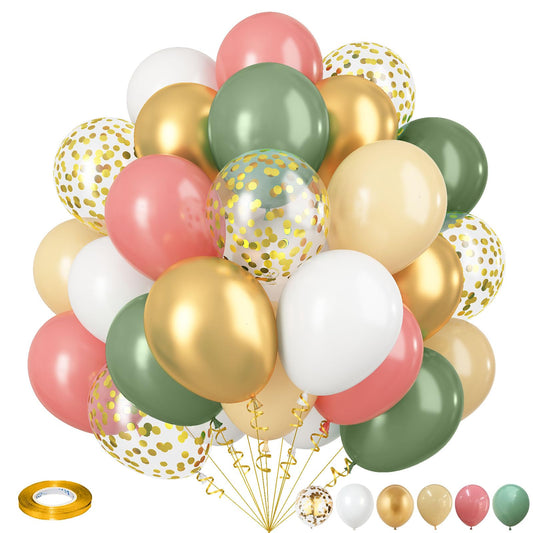 Retro Dusty Pink Sage Green Metallic Gold Latex Balloons, 35pcs Set - Olive Green Pink White Gold Confetti for Girls Jungle Birthday Baby Shower Wedding Party Decoration