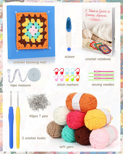 Beginner Crochet Kit for Adults & Kids - Granny Square Blanket & Bags Kit Includes Crochet Blocking Mat & Book