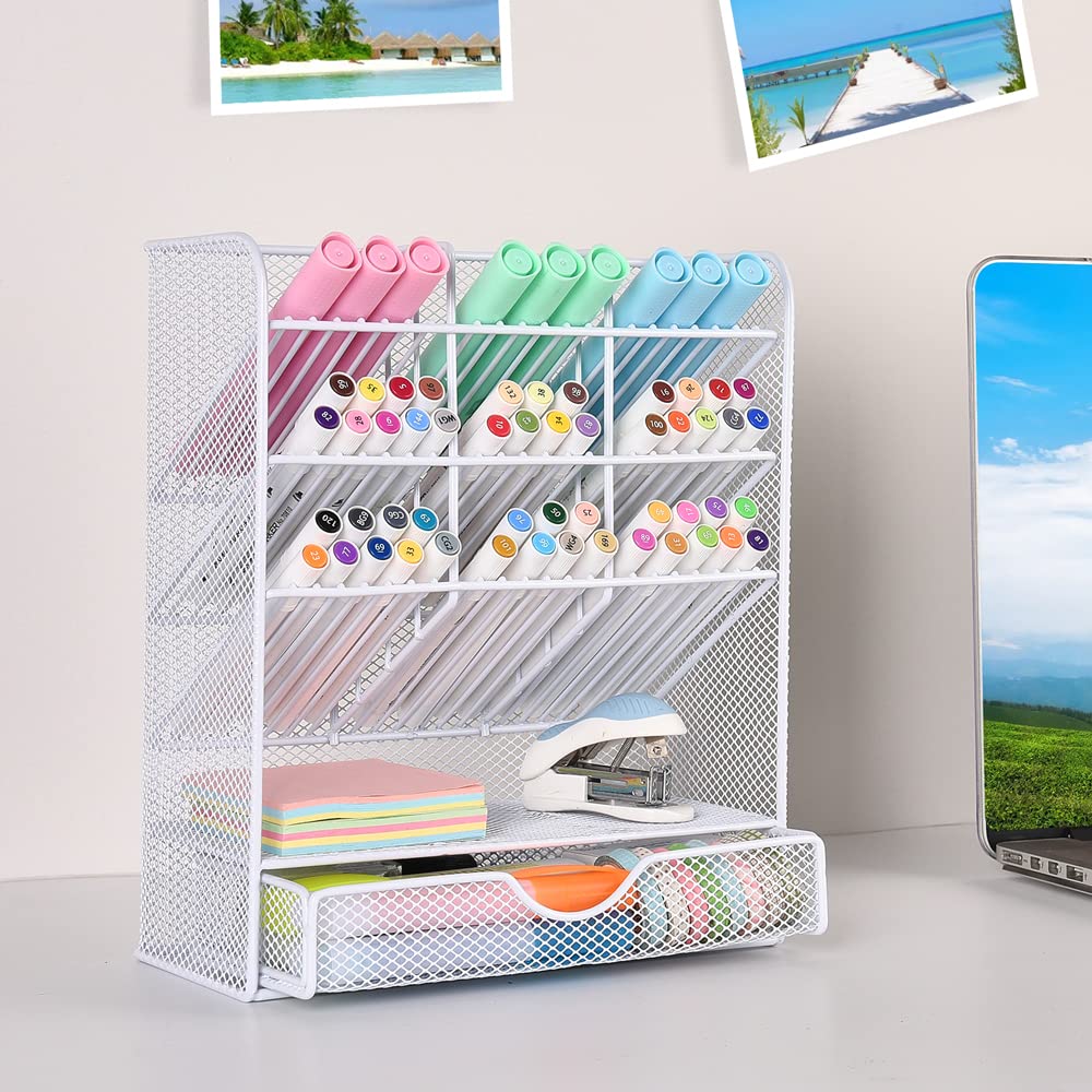 Pen Holder Desk Organizer - Desk Organizers and Accessories, Pencil Holder with 10 Compartments and 1 Drawer（White）