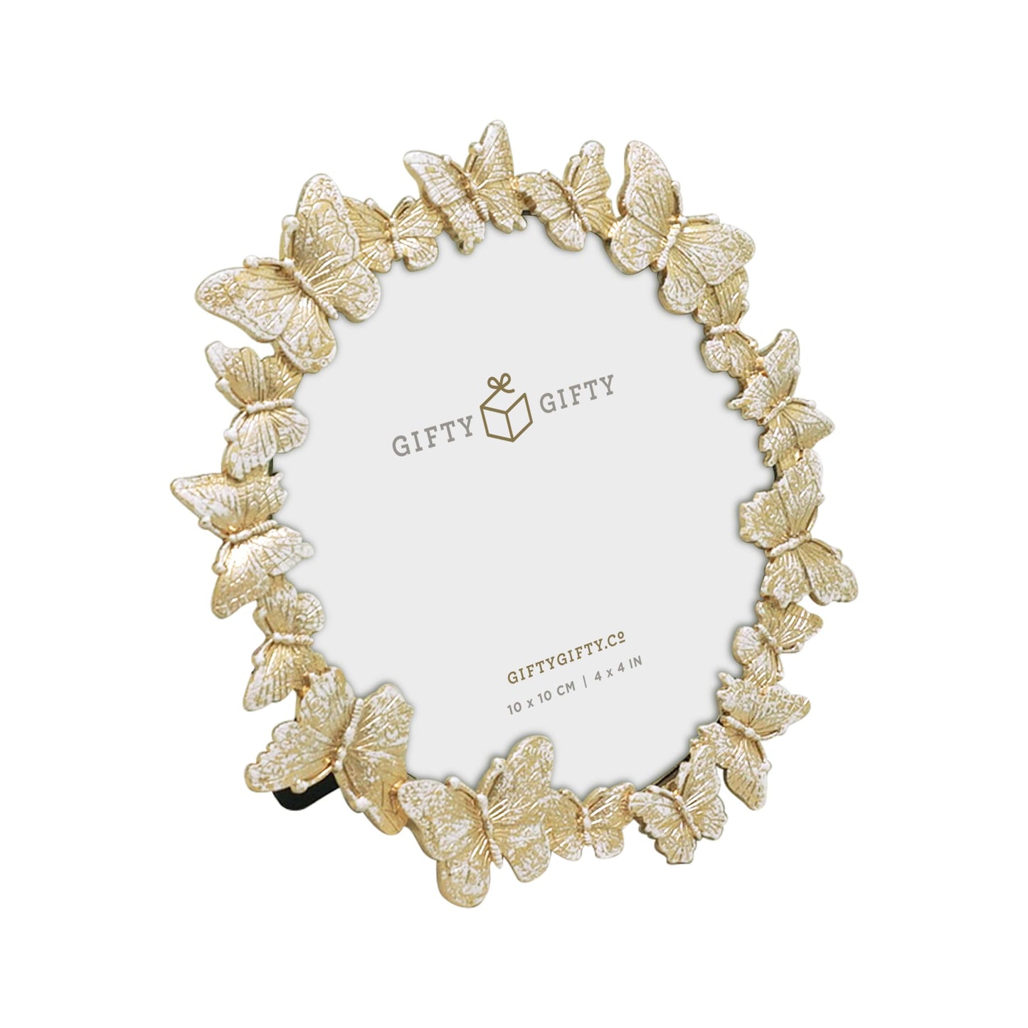 Round Butterfly Picture Frame with Gold With White Painted Frame 4”x4” Personalized Photo Frame Round Shape, for Vertical Display on Tabletop, Home Decor, Wedding or any Milestone Photos