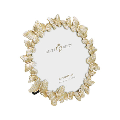 Round Butterfly Picture Frame with Gold With White Painted Frame 4”x4” Personalized Photo Frame Round Shape, for Vertical Display on Tabletop, Home Decor, Wedding or any Milestone Photos