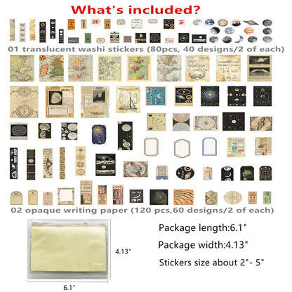 200pcs Aesthetic Stickers - Vintage Scrapbook Stickers for Journaling, Bullet Journals, Scrapbooking, Space & Moon Themes