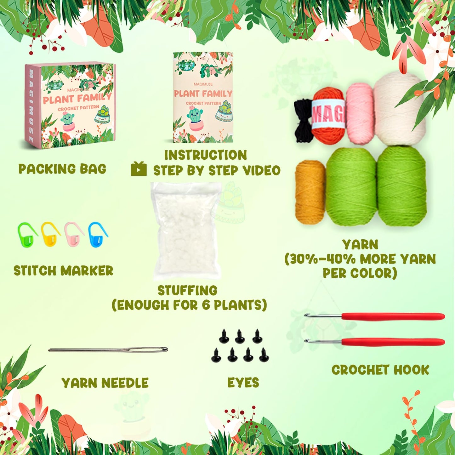Crochet Kit for Beginners, Crochet Starter Kits for Adults Amigurumi Craft Knitting Crocheting Kits with Step-by-Step Video Tutorials, 6 Pack Hanging Potted Plants Family(40%+ Yarn