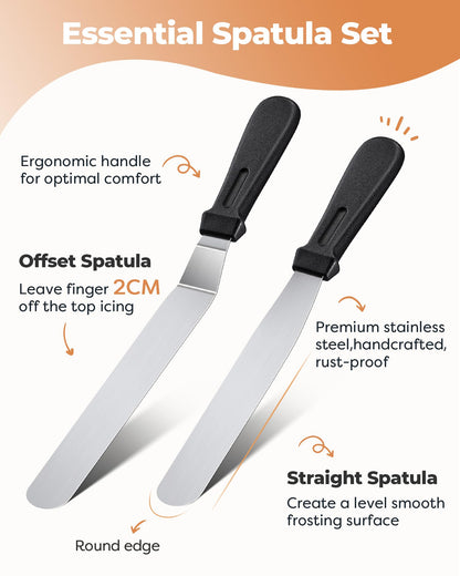 Cake Decorating Kit Baking Supplies Cake Turntable with 2 Frosting Straight Angled Spatula 3 Icing Smoother Scrapers Baking Accessories Tools for Beginners and Pros, White