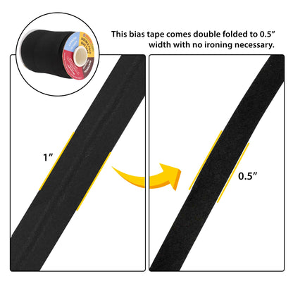 Double Fold Bias Tape for Sewing - 55 Yds Black Bias Tape Double Fold 1/2 Inch Hem Quilt Binding Black Seam Binding Tape - Fabric Piping Bias Binding Tape