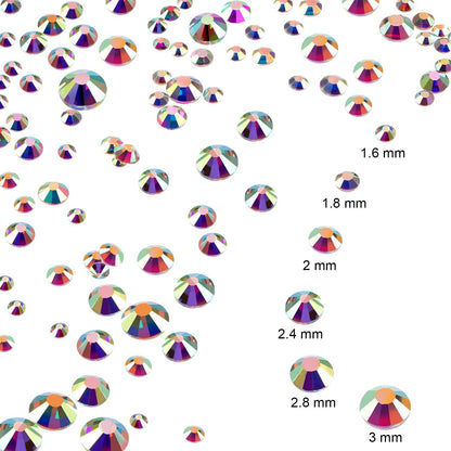 3456 Pcs Crystals Diamond Rhinestones AB Clear Flat Back Round Gems Flatback Glass Mixed Size Crystals Gems for Crafts Clothes Shoes Makeup Bags Decor, 6 Sizes(Iridescent)