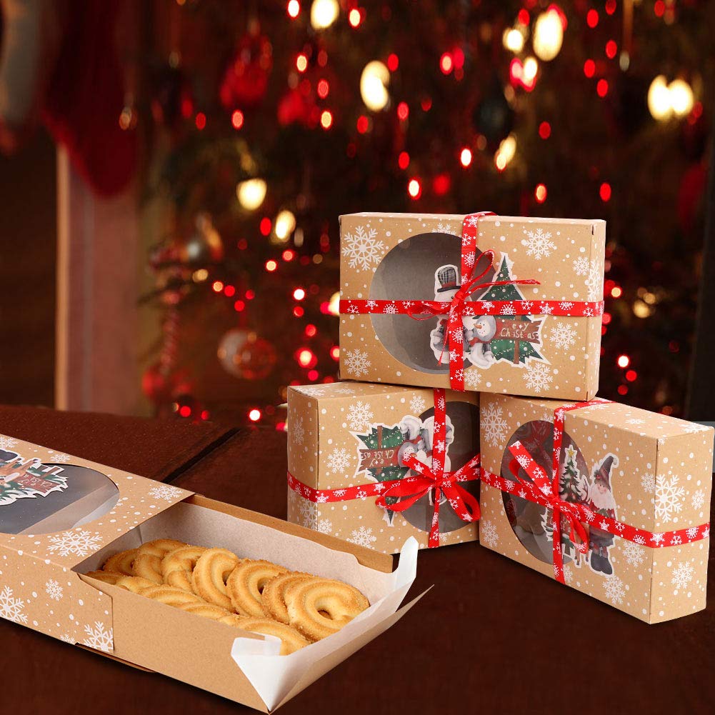 12 Packs Christmas Cookie Boxes with Window, Food Grade Kraft Bakery Boxes with Oilpaper and Ribbons, Cupcake Boxes for Holiday Gift Giving, Christmas Party Favors, Fits 12 Cookies or Cakes