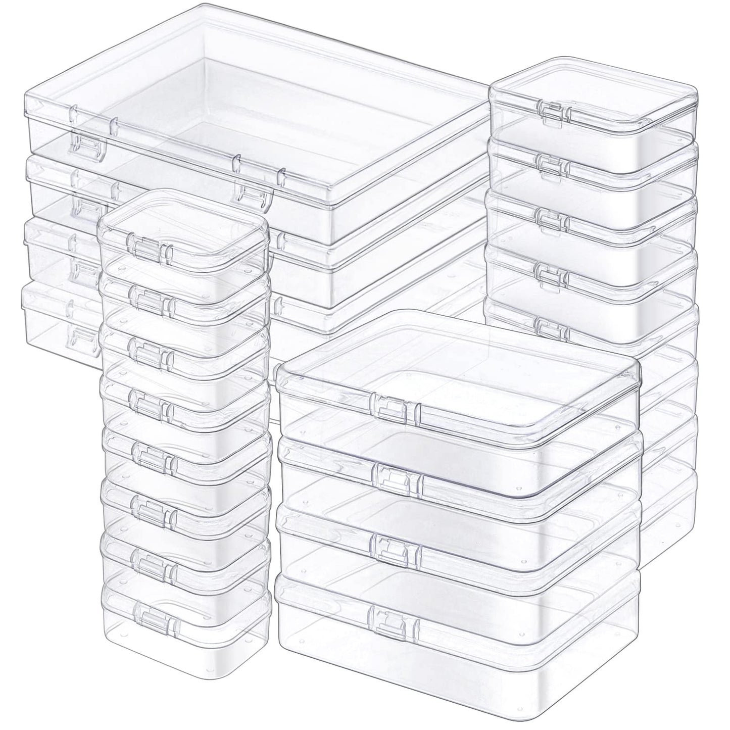24 Pack Mixed Sizes Rectangular Mini Plastic Containers Clear Plastic Storage Boxes with Hinged Lids and Labels Empty Beads Organizers for Small Items Art Craft Jewelry Projects