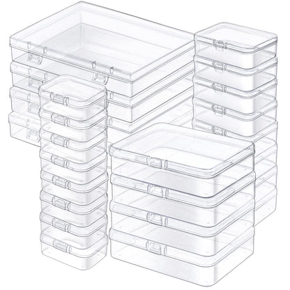 24 Pack Mixed Sizes Rectangular Mini Plastic Containers Clear Plastic Storage Boxes with Hinged Lids and Labels Empty Beads Organizers for Small Items Art Craft Jewelry Projects