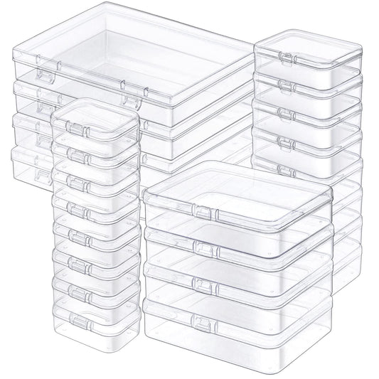 24 Pack Mixed Sizes Rectangular Mini Plastic Containers Clear Plastic Storage Boxes with Hinged Lids and Labels Empty Beads Organizers for Small Items Art Craft Jewelry Projects