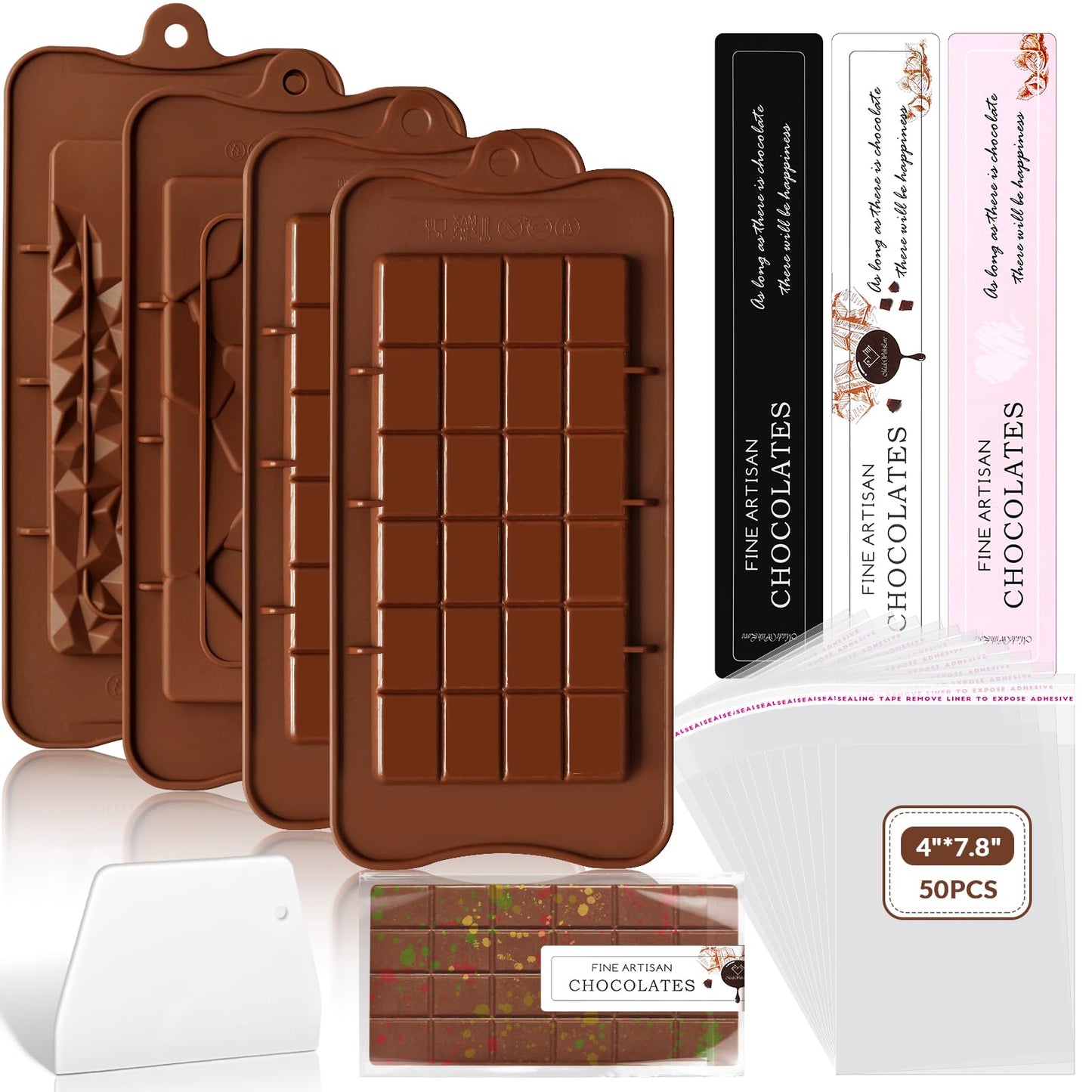 Chocolate Candy Bar Mold Silicone with 50 Clear Wrappers/Stickers/Plastic Scraper and Reusable Storage Bag, Lover Mothers Fathers Day DIY Chocolate Molds Gift
