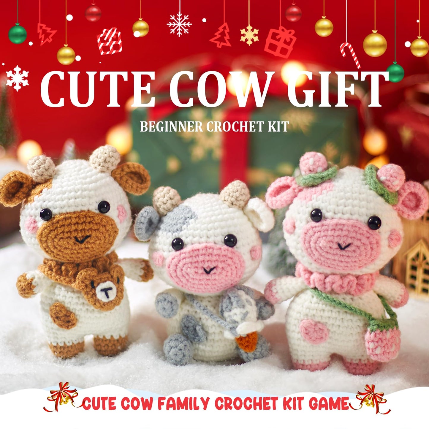 Crochet Kit for Beginners, Crochet Starter Kits for Adults w Step-by-Step Video Tutorials, Amigurumi Craft DIY Knitting Supplies, Crocheting Animals Kits, 3 Pcs Cow (40%+ Yarn)