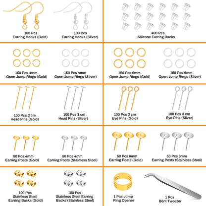 2000Pcs Earring Making Supplies Kit - Hypoallergenic, Includes Hooks, Findings, Posts, Backs, Pins, Jump Rings for Jewelry Making