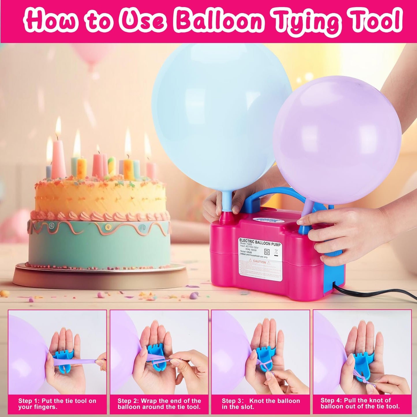 Electric Air Balloon Pump, 110V 600W Rose Red Portable Dual Nozzle Inflator/Blower for Party Decoration