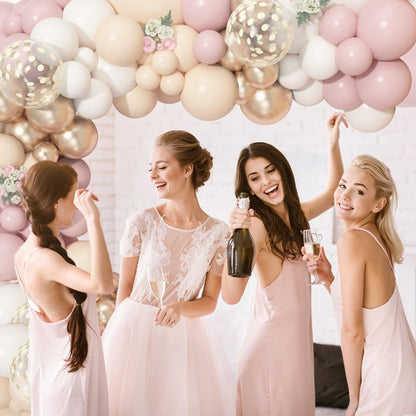 157 Pcs Boho Dusty Pink Balloons Arch Garland Kit, Blush Neutral Pink Sand White Metallic Gold Different Size Balloon for Girls Baby Shower Birthday Wedding Gender Reveal Party Decorations