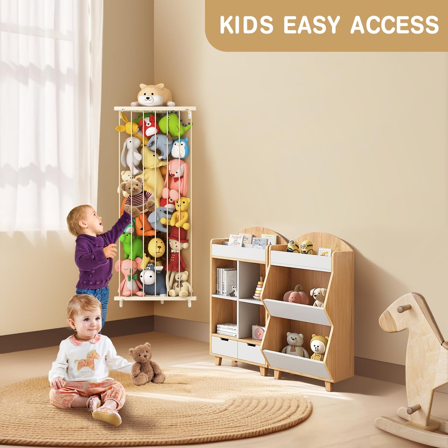 Corner Stuffed Animal Storage Net - Stuffed Animals Holder with Light - Plush Toy Organizer Hanging Stuffed Animal Hammock with Adjustable Length for Kids Room Playroom Bedroom Nursery Decor