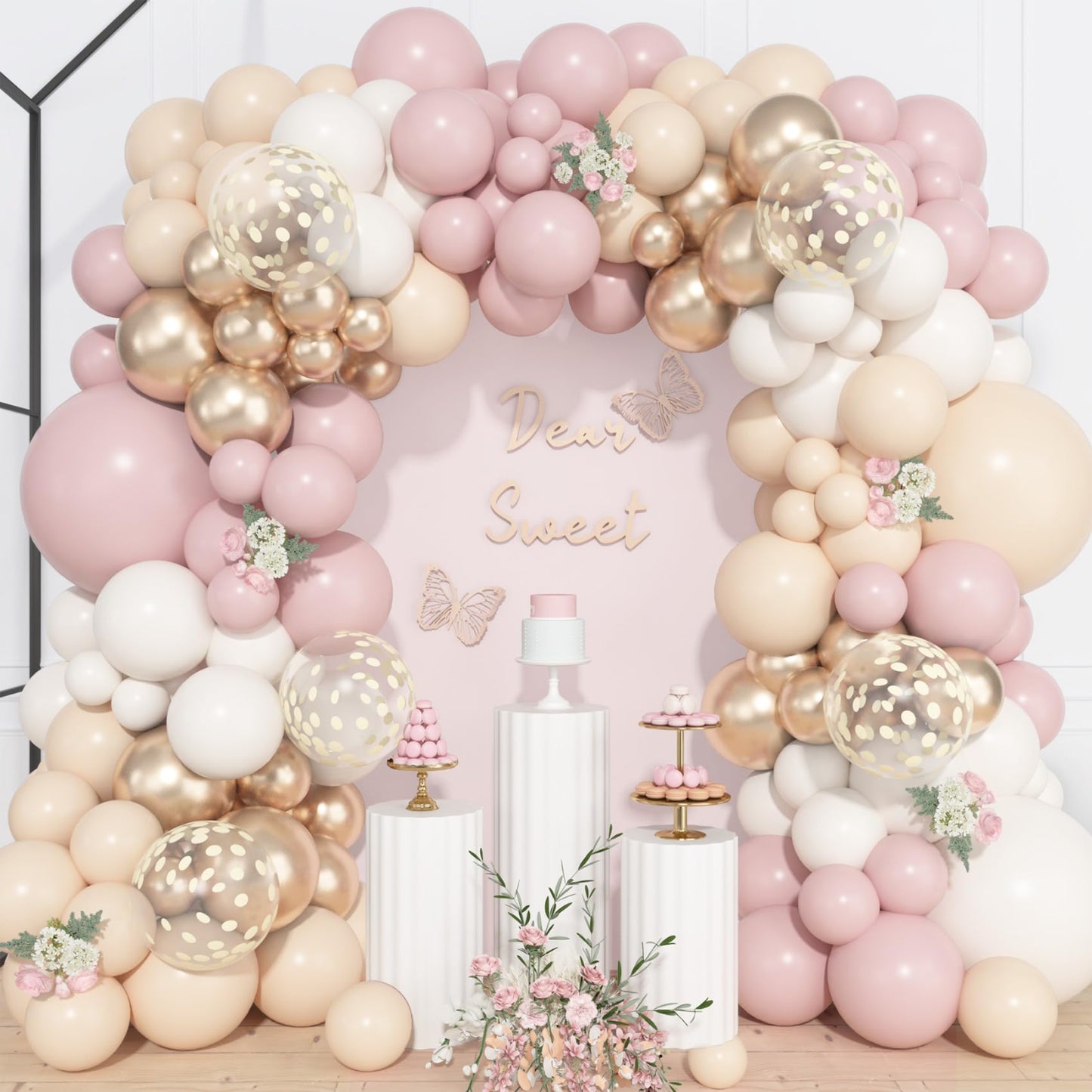 157 Pcs Boho Dusty Pink Balloons Arch Garland Kit, Blush Neutral Pink Sand White Metallic Gold Different Size Balloon for Girls Baby Shower Birthday Wedding Gender Reveal Party Decorations