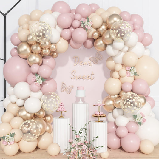 157 Pcs Boho Dusty Pink Balloons Arch Garland Kit, Blush Neutral Pink Sand White Metallic Gold Different Size Balloon for Girls Baby Shower Birthday Wedding Gender Reveal Party Decorations
