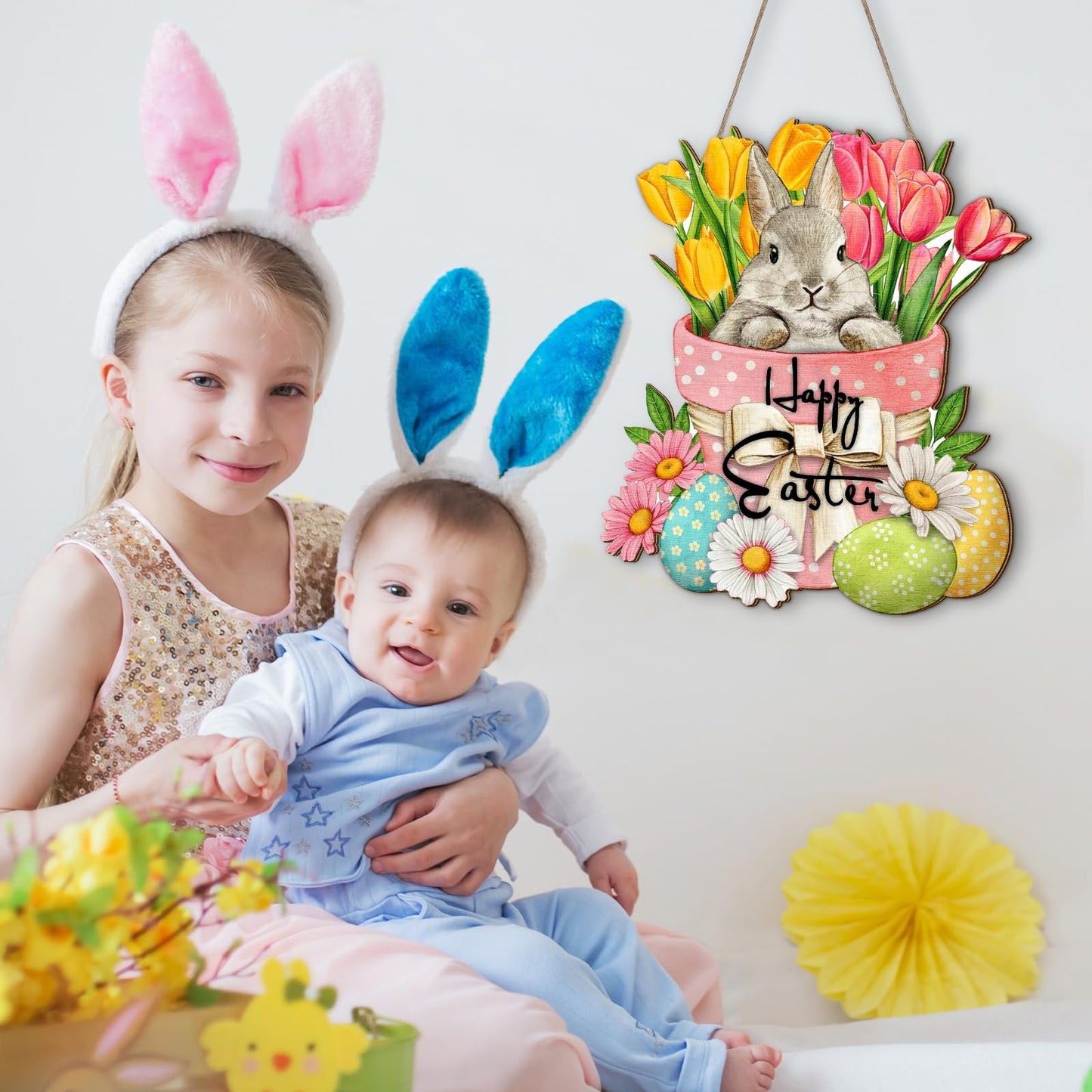 Happy Easter Hanging Sign for Front Door Wooden Easter Decoration for Home Indoor Outdoor Wall(Cute Rabbit)