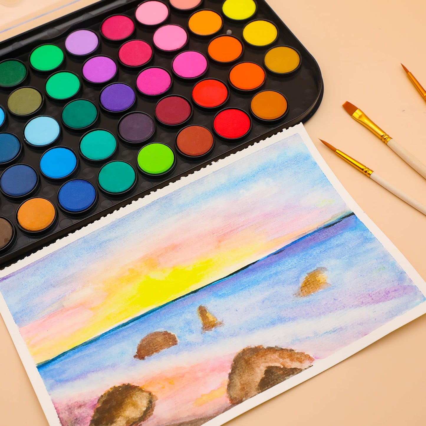 48 Colors Watercolor Cake Set with 3 Brushes, Washable, Travel Design, Perfect for Card Making, Illustrations, Painting, Calligraphy