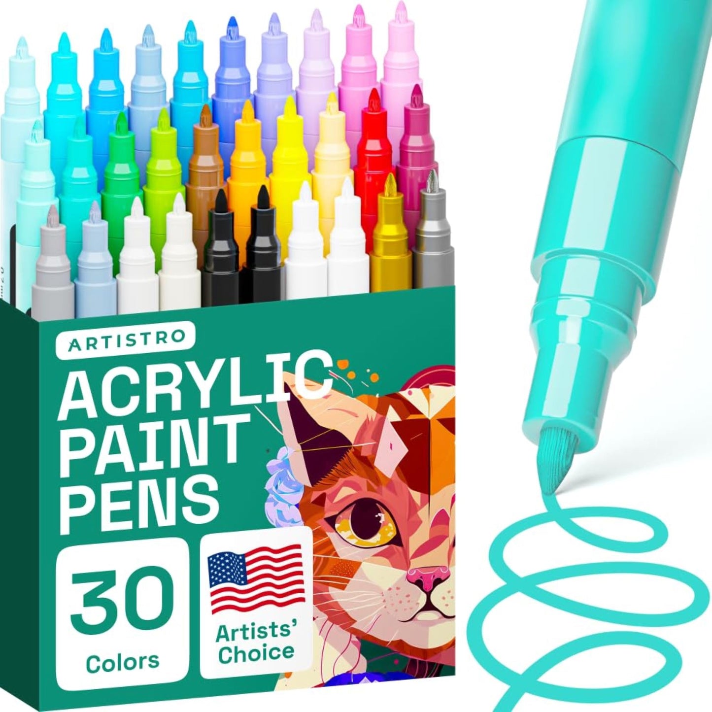 30 Acrylic Paint Pens, Art Set Acrylic Paint Markers, Fabric Markers for Textile, Canvas, Rock, Glass, Wood, Paper, DIY, for Kids and Adults, Extra Fine