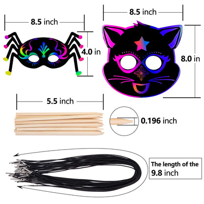 Halloween Mask Craft Kit for Kids, 52 Pcs Kids Magic Scratch Paper Animal Masks, DIY Rainbow Scratch Art Masks for Halloween and Animal Birthday Party