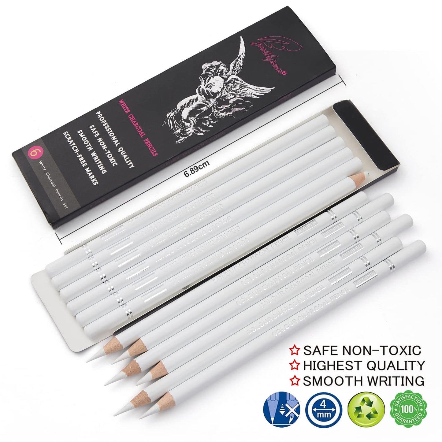 Professional White Charcoal Pencils Set - 6 Pieces Sketch Highlight White Pencils for Drawing, Sketching, Shading, Blending - Beginners & Artists