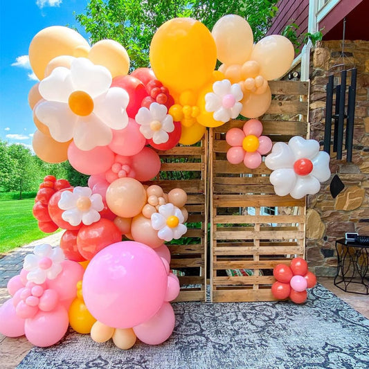 155Pcs Daisy Balloon Arch Garland Kit Macaron Pink Yellow Retro Orange White Heart Balloons with Plum Clip Daisy Shaped Flower for Two Groovy Party Decor Daisy Theme Wedding Birthday Mother’s Day