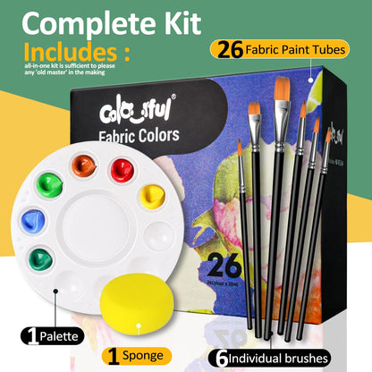 Permanent Fabric Paint, 26 Colors Soft Fabric Paint in Bottles (30ml/1oz) with Brushes, Palette,Non-Toxic Textile Paint for Creative DIY Clothes, T-Shirts, Shoes Art and Crafts