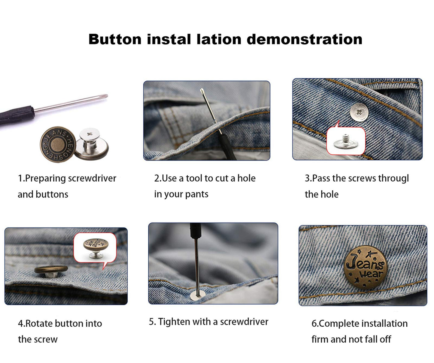 12 Pcs Button for Sewing Metal Jeans,ICEYLI 17 mm No-Sew Nailess Removable Metal Jeans Buttons Replacement Repair Combo Thread Rivets and Screwdrivers