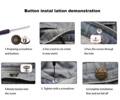 12 Pcs Button for Sewing Metal Jeans,ICEYLI 17 mm No-Sew Nailess Removable Metal Jeans Buttons Replacement Repair Combo Thread Rivets and Screwdrivers