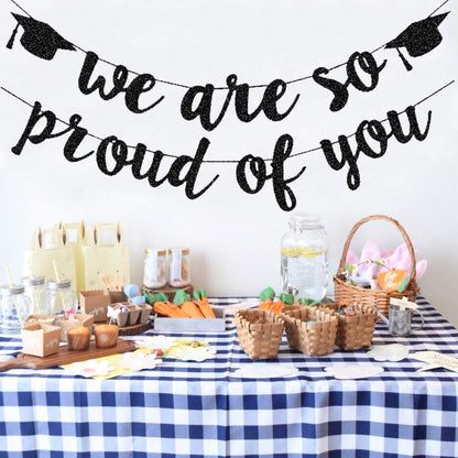 2025 Graduation Banners Party Decorations, Black Glitter We are So Proud of You Graduation Banners Garland for Congratulation Graduations Party Supplies, School, Home, Car Decorations