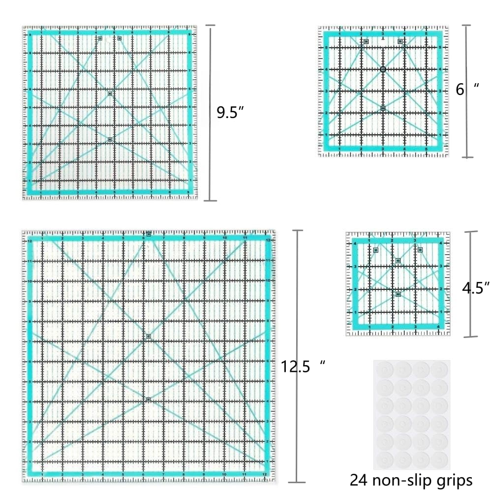Quilting Rulers,4 Square Quilting Templates(4.5"X4.5", 6"X6", 9.5"X9.5", 12.5"X12.5"),Acrylic Fabric Cutting Ruler with Non-Slip Rings for Sewing
