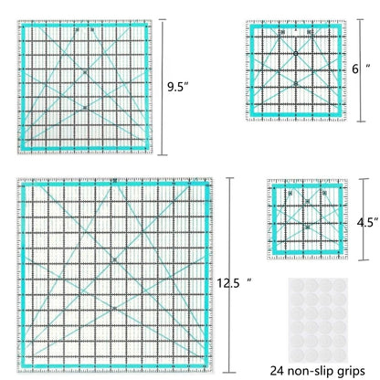 Quilting Rulers,4 Square Quilting Templates(4.5"X4.5", 6"X6", 9.5"X9.5", 12.5"X12.5"),Acrylic Fabric Cutting Ruler with Non-Slip Rings for Sewing