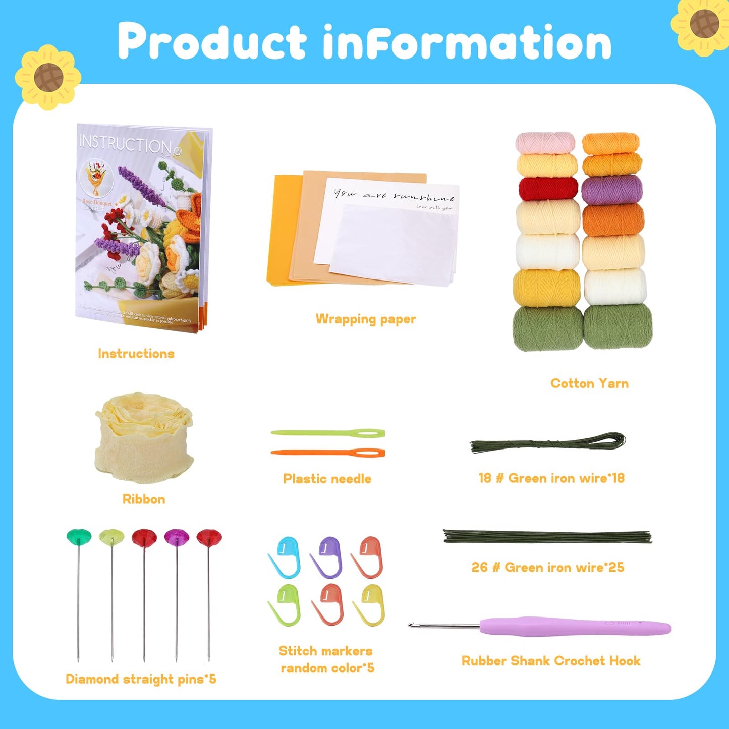 Crochet Kit for Beginners, Flower Bouquet Crochet Kit Rose, Knitting Starter Kit with Crochet Yarn and Step-by-Step Instructions for Birthday, Wedding Anniversary Day Present