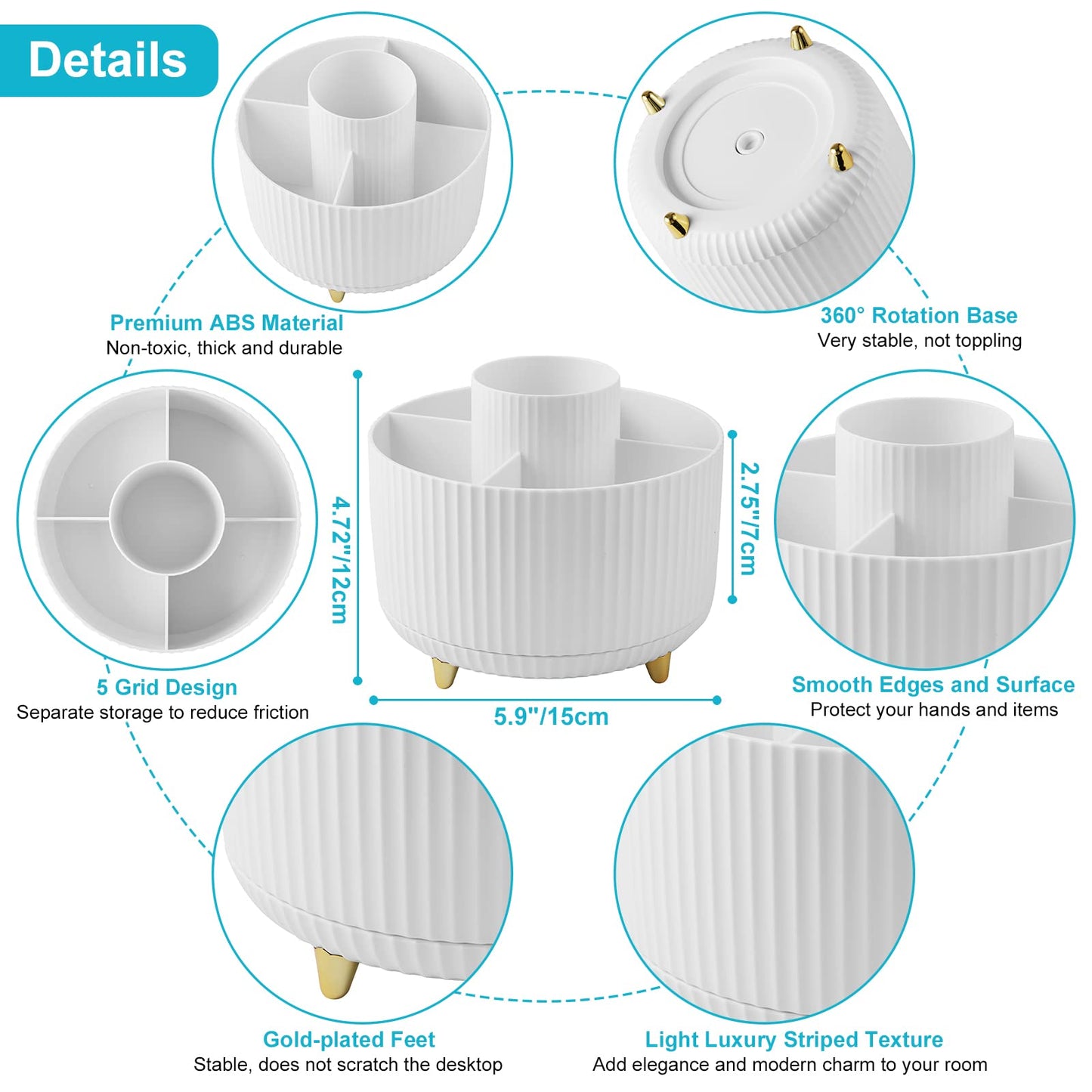 Desk Pencil Pen Holder - 5 Slot 360 Degree Rotating Desk Pen Organizer for Desktop Storage Stationery Supplies Cup Pot - White