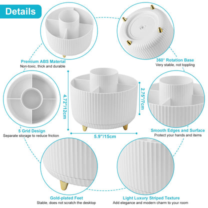 Desk Pencil Pen Holder - 5 Slot 360 Degree Rotating Desk Pen Organizer for Desktop Storage Stationery Supplies Cup Pot - White