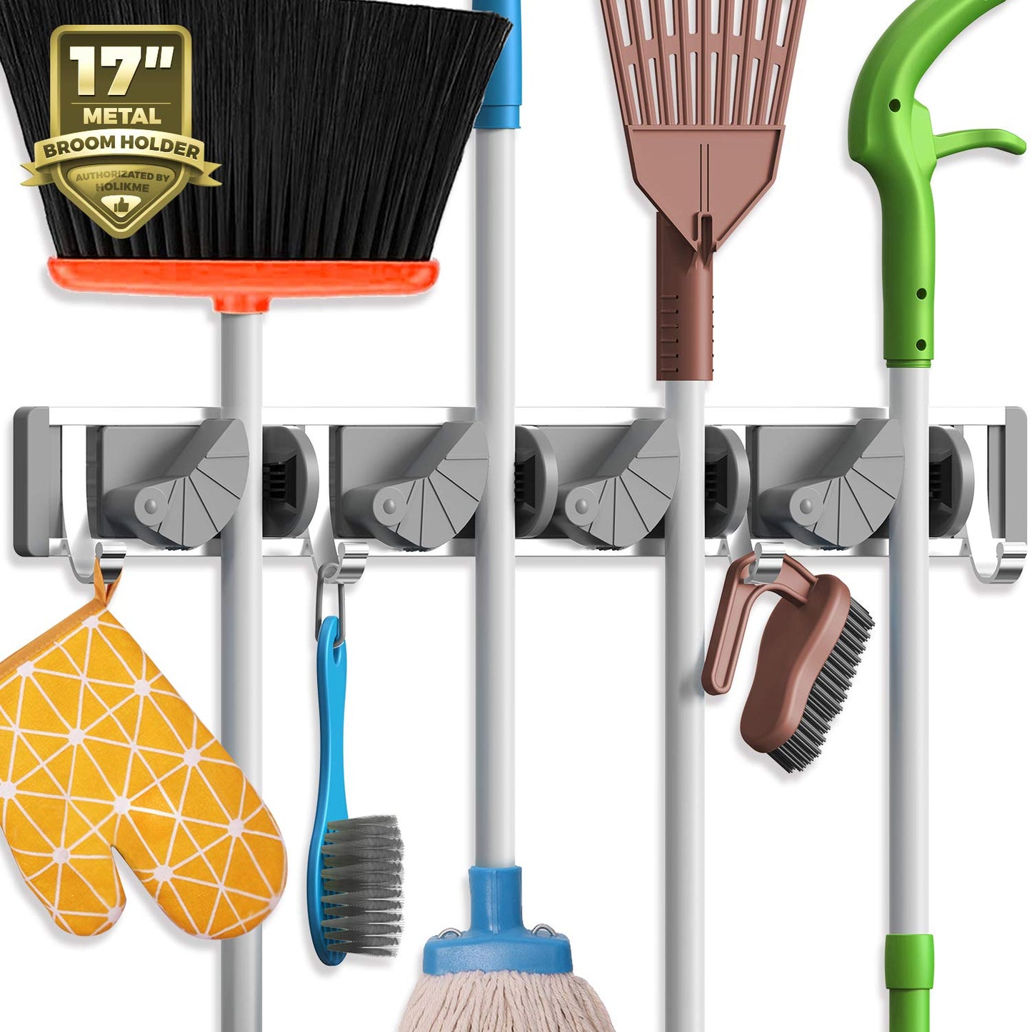 Mop Broom Holder Wall Mount Metal Pantry Organization and Storage Garden Kitchen Tool Organizer Wall Hanger for Home Goods (4 Positions with 4 Hooks, Silver)