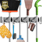 Mop Broom Holder Wall Mount Metal Pantry Organization and Storage Garden Kitchen Tool Organizer Wall Hanger for Home Goods (4 Positions with 4 Hooks, Silver)