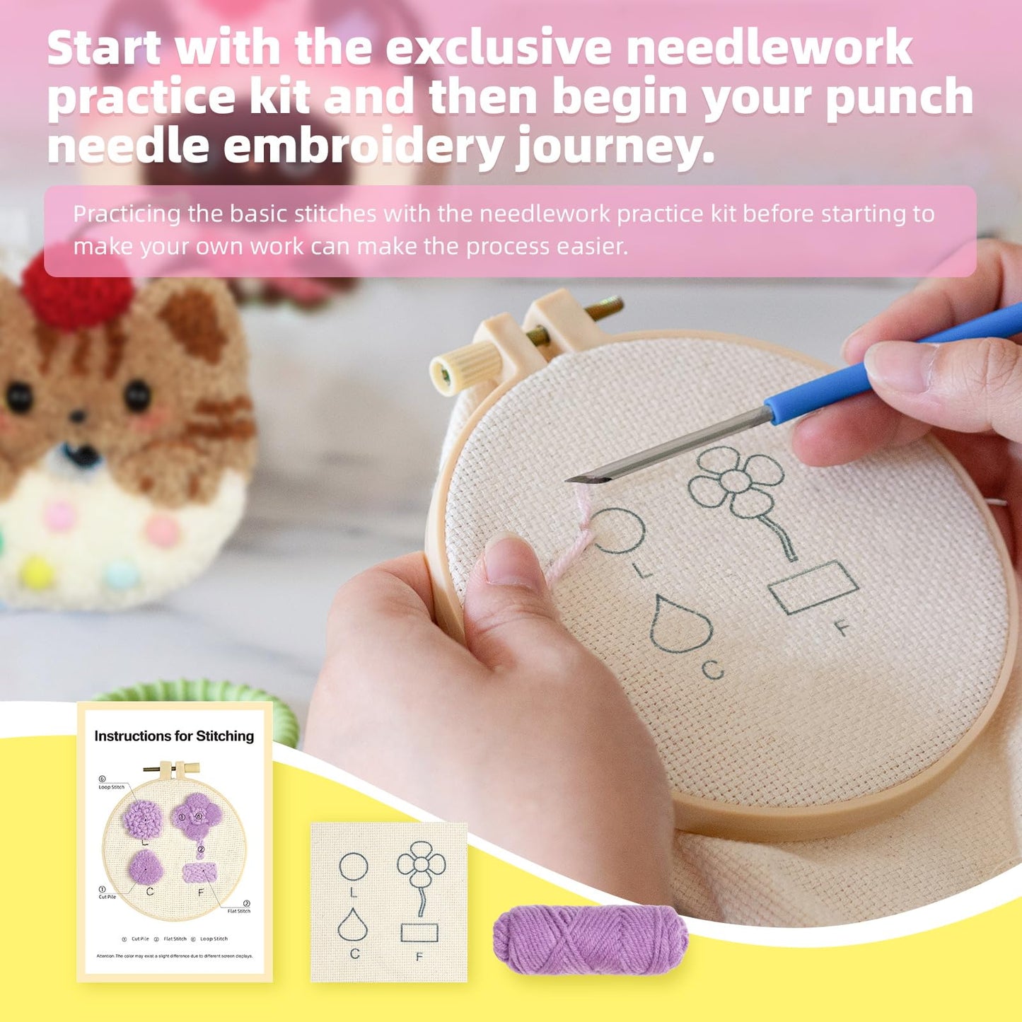 embroidery kit for beginners,punch needle kits,punch needle kits adults beginner,punch needle kit for beginners,including printed patterns, needles, easy to follow instructions, and videos-Cat Family