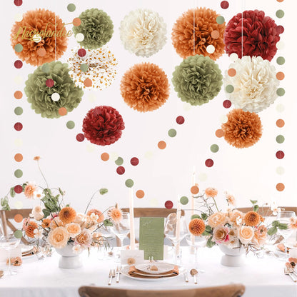 Fall Wedding Decorations - 15 PCS Pumpkin Orange Sage Green Ivory Tissue Pom Poms Decor, Dots Paper Garland for Thanksgiving, Baby Shower, Autumn Harvest Party Supplies